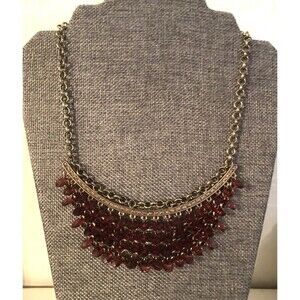 Nicole Miller Statement Bib Necklace Gold Tone Rust Red Faceted Rhinestones